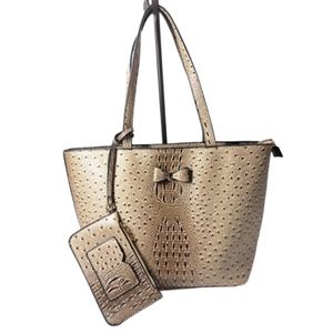DELUXITY Ostrich Faux Leather Taupe/Brown‎ Women's 2piece set Handbag